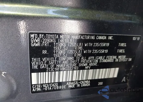 2019 Toyota Rav4 Xle Premium from USA, damaged, VIN 2T3C1RFV8KC033183